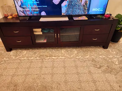 Dark Wood Entertainment TV Console with Glass Doors - Good Condition