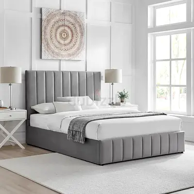 Grey Upholstered Bed Frame with Headboard - King