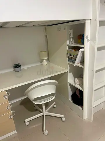 White Loft Bed with Built-in Desk and Shelves — Good Condition