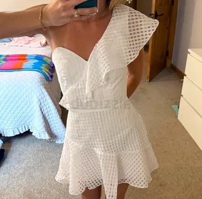 White One-Shoulder Ruffle Trim Plaid Organza Dress - Size XS