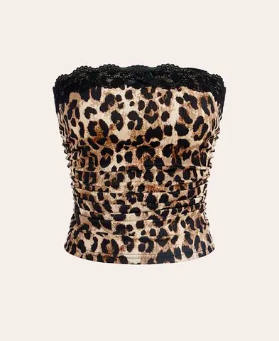 Leopard Print Lace Trim Bandeau Tube Top