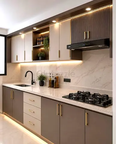 Modern fitted kitchen cabinets with marble countertop - complete set