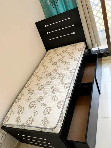 Single Bed with Mattress and Built-in Drawers - Dark Wood good condition