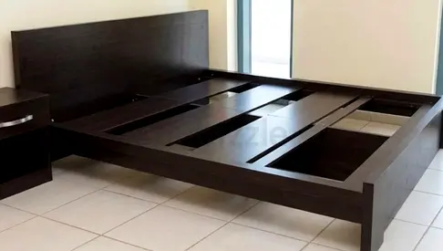 Dark Wood King Size Bed Frame with Headboard and Side Table