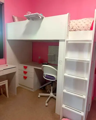White loft bed with integrated desk, drawers and ladder - good condition