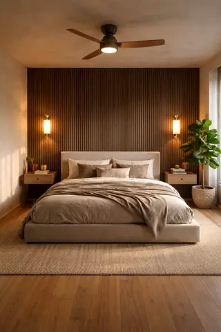 Modern low-profile upholstered bed with bedside tables (set)