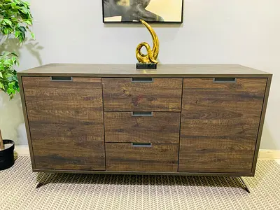 Solid Wood Sideboard Cabinet with Drawers - Dark Oak Finish