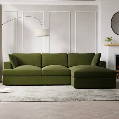 Padded seats olive green L shaped sofa