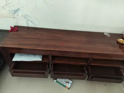 Solid Wood Low TV Console with 3 Drawers - Dark Finish
