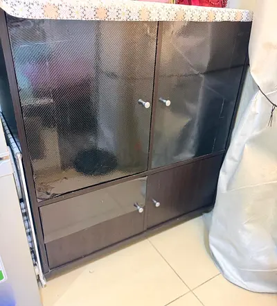 Compact 4-Door Storage Cabinet in Dark Wood with Glass Fronts