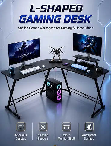 L-shaped Gaming Desk — Corner Computer Desk with Raised Monitor Shelf