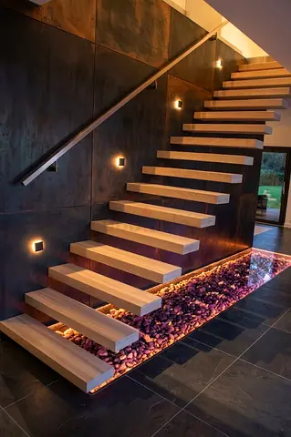 Floating wooden staircase with built-in LED pebble feature - modern design