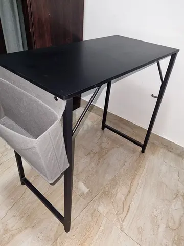 Compact Black Study/Computer Table with Fabric Storage Shelf