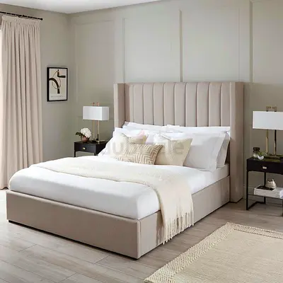 Beige Upholstered Bed Frame with Tall Channel-Tufted Headboard