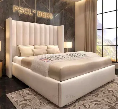 Modern Upholstered King Bed with Tall Wingback Headboard