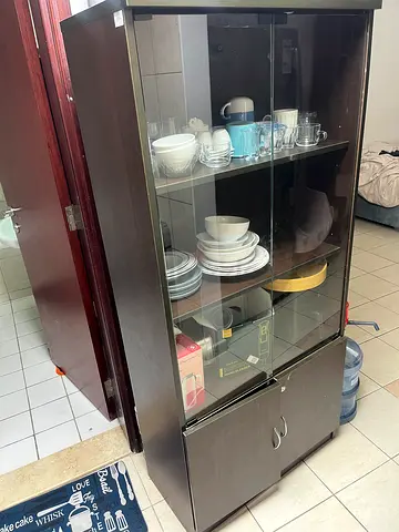 Dark Wood Glass Display Cabinet with Storage Cupboards