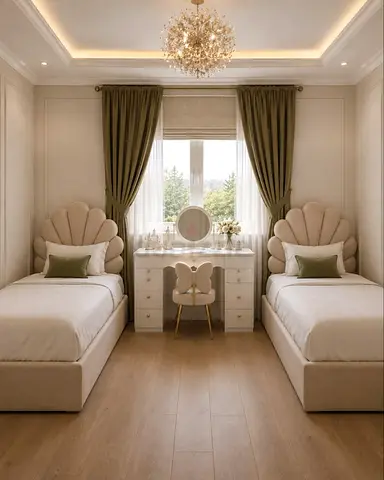 Pair of Single Beds with Scalloped Headboards and Matching Dresser