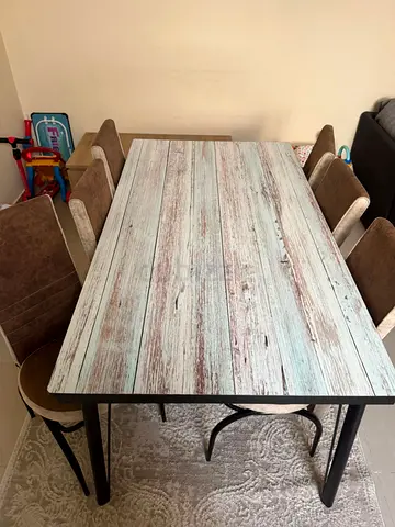 Wood-effect Dining Table with 6 Upholstered Chairs - Compact Set