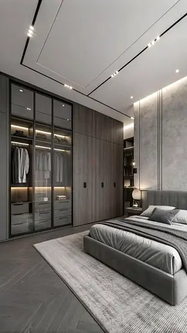 Modern Grey Bedroom Set with Built-in Wardrobe and Rug