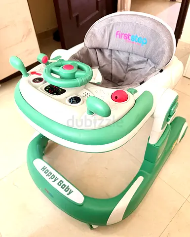 Green & White Baby Walker with Activity Tray - Mint Condition -Adjustable and Space Saving