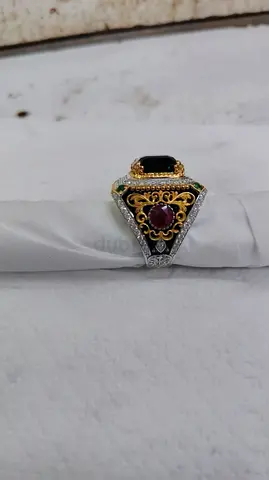 Men's two-tone gold & platinum statement ring with Tourmaline, Emerald and ruby stones