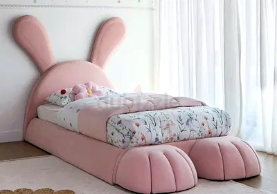 Home cPink Bobby Bunny Kids Bed - Plush Single Bed with Headboard & Footboard - 90x200 with mattress