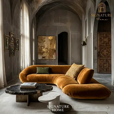 Curved Velvet Modular Sofa — Mustard Gold, Modern Luxury