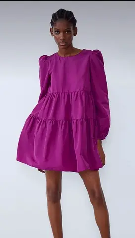 Purple tiered long-sleeve mini dress with puff shoulders - like new