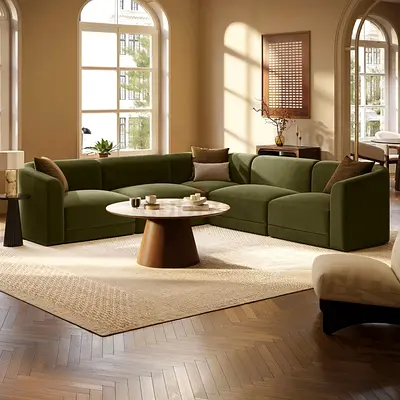 Olive green velvet 5 seater corner sofa