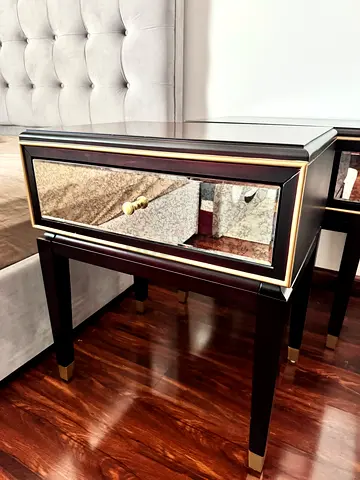 2Xl Brand Pair of Mirrored Dark Wood Bedside Tables with Gold Trim