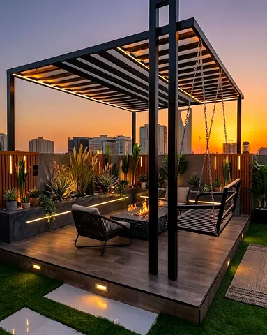 Modern Outdoor Pergola with Swing and Built-in Planter - Rooftop Deck Ready