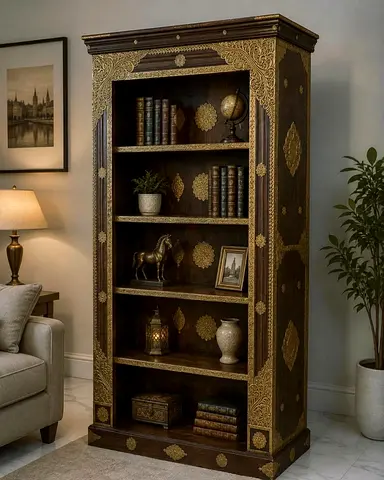 Marina Home Vintage Moroccan-style Wooden Bookcase with Brass Inlay - Tall Shelving
