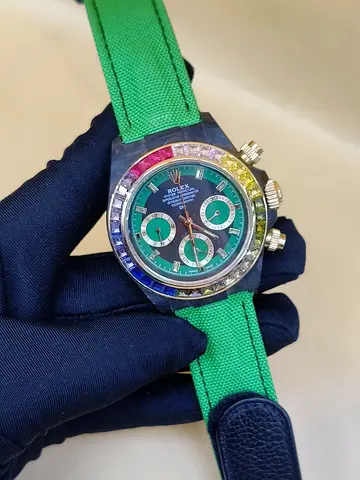 Rolex-style Chronograph Master Copy Watch with Rainbow Bezel on Green Strap