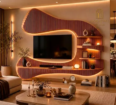 Modern Curved Wooden Entertainment Wall Unit with LED Backlight