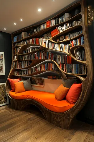 Custom Sculpted Wooden Bookshelf with Built-in Curved Seat