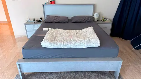 Queen bed frame with headboard and two bedside tables - light grey - Excellent condition