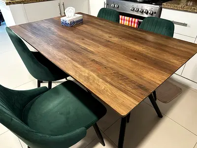Wooden Dining Table with 6 Green Velvet Chairs - Good Condition