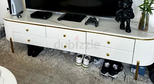 White Marble-Top TV Console with Drawers and Gold Legs