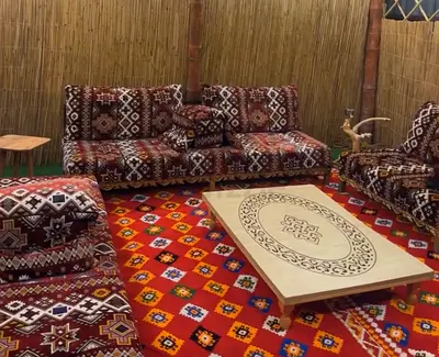 Majlis seating set with Arabic patterned sofas and matching carpet