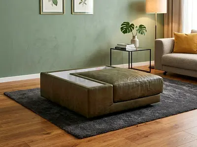 Italian Modern Olive Green Leather Square Ottoman with Built-in Tray