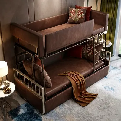 Modern brown leather bunk sofa bed - convertible space-saving design