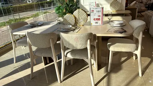 Light beige dining table set with 6 upholstered chairs - modern design