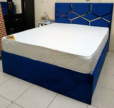 Blue Upholstered Double Bed with Headboard and Mattress