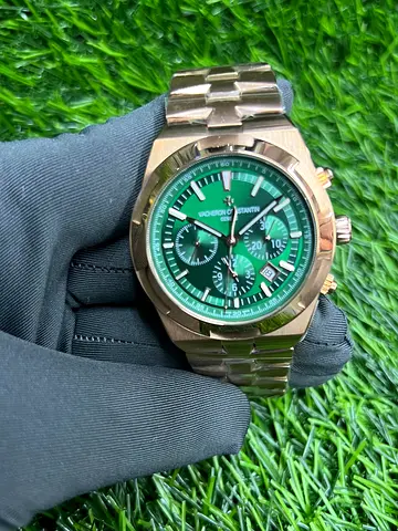 Vacheron Constantin style green-dial stainless steel chronograph watch
