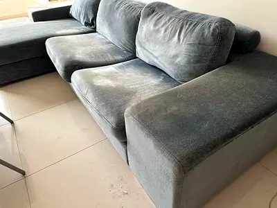 Large L-shaped grey fabric sofa with chaise - used, good condition