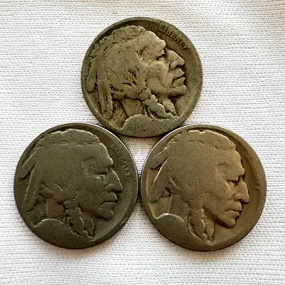 3x Buffalo Nickel DATELESS-No Date (old antique coins)