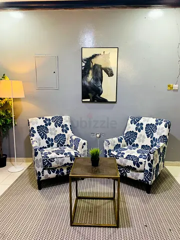 Pair of Floral Accent Armchairs with Side Table - Good Condition