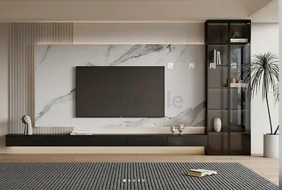Modern wall-mounted entertainment unit with glass display cabinet