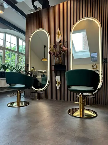Set of 2 Green Salon Styling Chairs with Gold Base - Excellent Condition