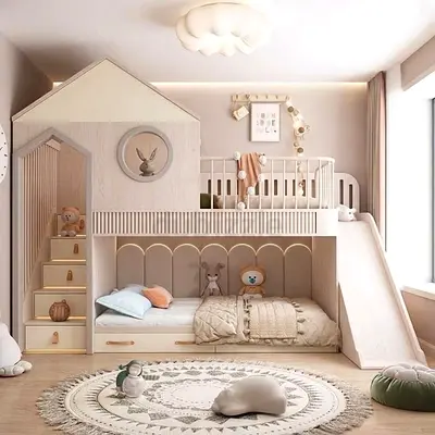 Kids wooden bunk bed with slide and storage - like new